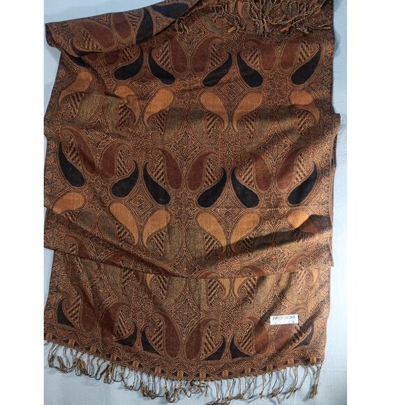 Vintage Pashmina Silk Paisley Shawl Scarf Wrap Brown Rust Boho Fringe - Picture 4 of 4